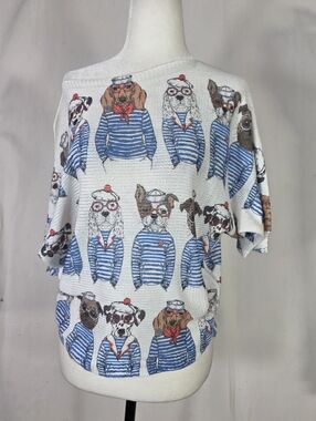 Knitted Sailor Dog Print Knit Top - White & Blue